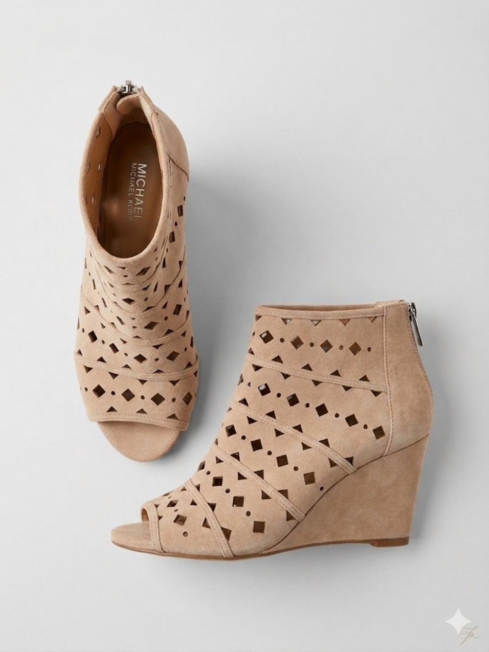 Michael Kors Suede Laser-Cut Peep Toe Wedge Booties